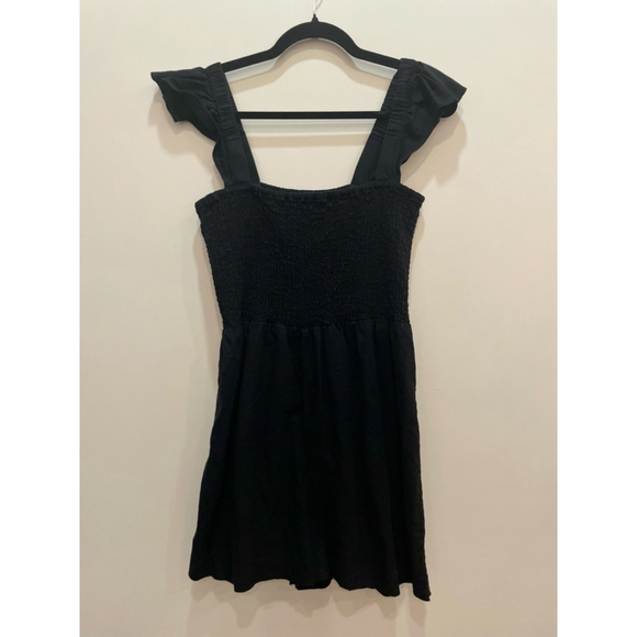 Madewell Linen Blend Black Smocked Ruffle Strap Romper Size 10 Minimalist - Picture 2 of 10
